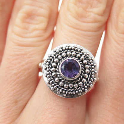 BC Silver Ned Bowman Sterling Vintage Amethyst Beaded Oxidized Ring Size 8.25
