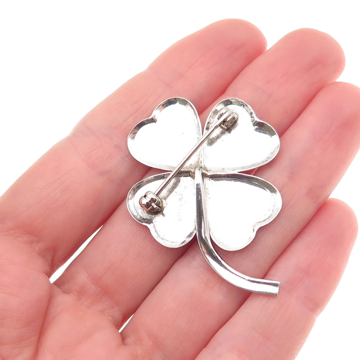 925 Sterling Silver Vintage Real Green Onyx Clover Good Luck Pin Brooch