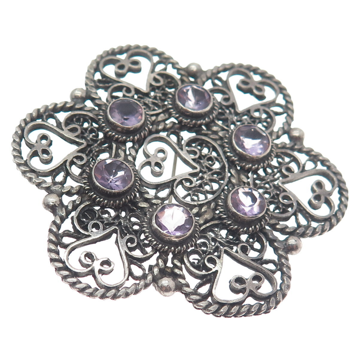 925 Sterling Silver Antique Real Amethyst Filigree Flower Heart Oxidized Brooch