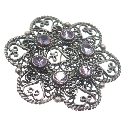 925 Sterling Silver Antique Real Amethyst Filigree Flower Heart Oxidized Brooch
