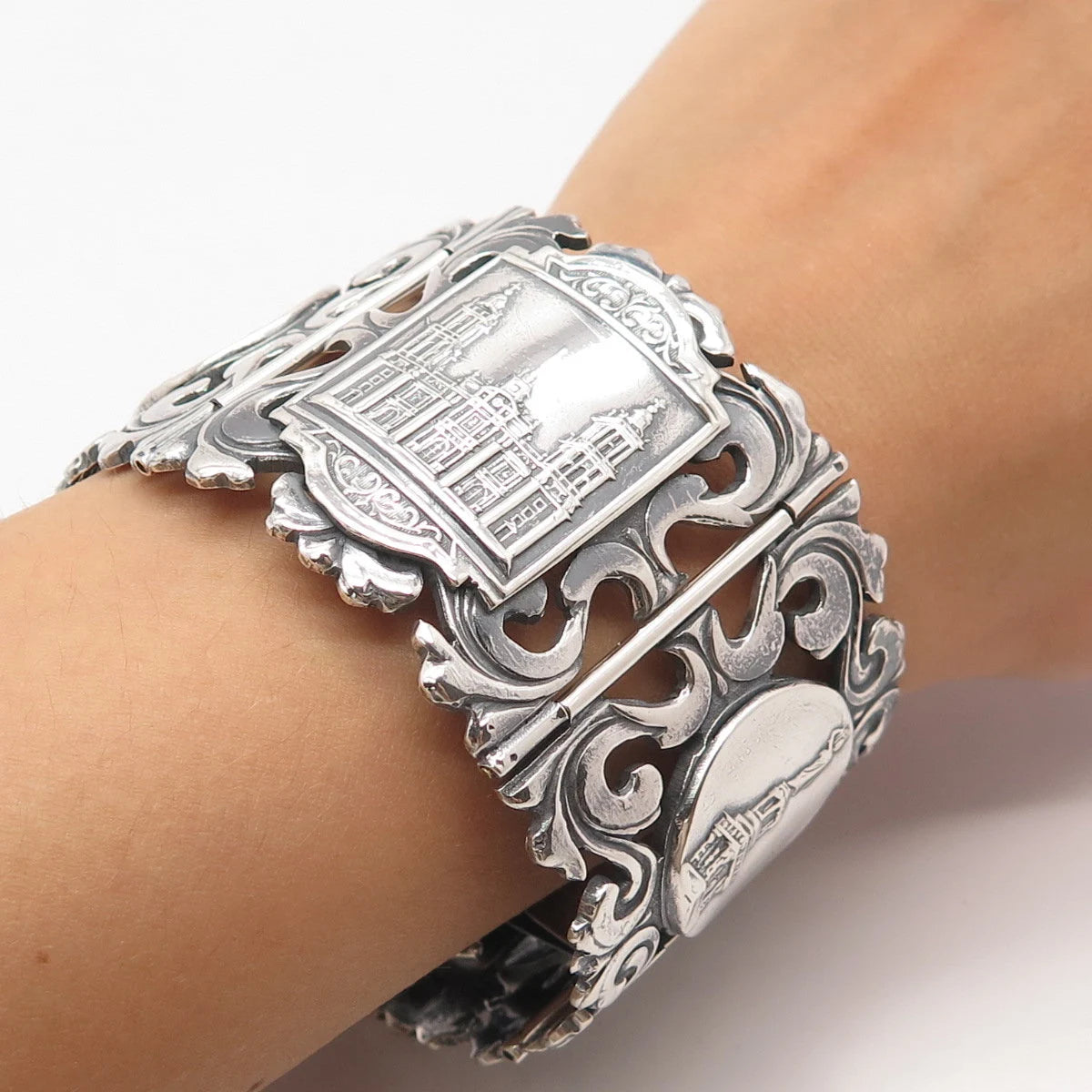 925 Sterling Silver Vintage Mexico Orante Wide Panel Link Bracelet 7.75"
