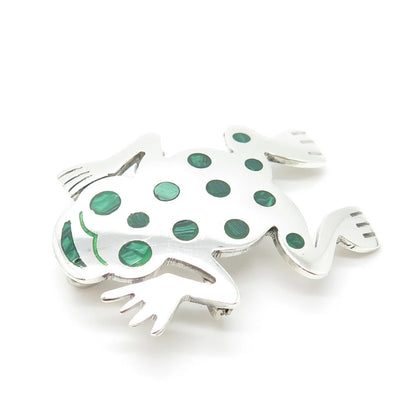 925 Sterling Silver Vintage Mexico Malachite Gem Frog for Good Luck Pin Brooch