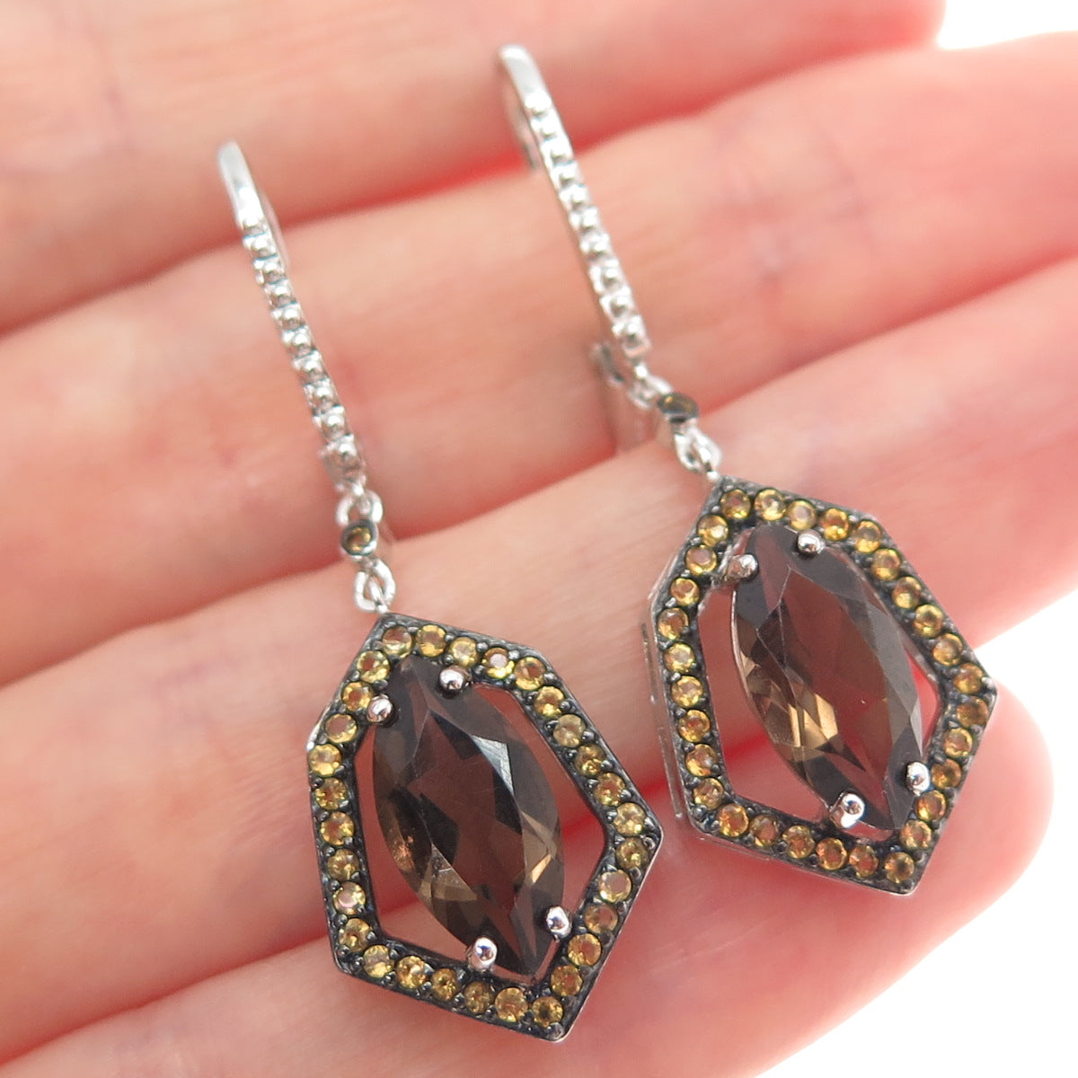 925 Sterling Silver Real Smoky Quartz & Yellow Topaz Dangle Earrings