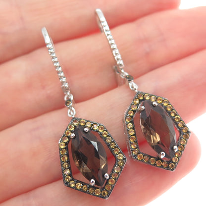 925 Sterling Silver Real Smoky Quartz & Yellow Topaz Dangle Earrings