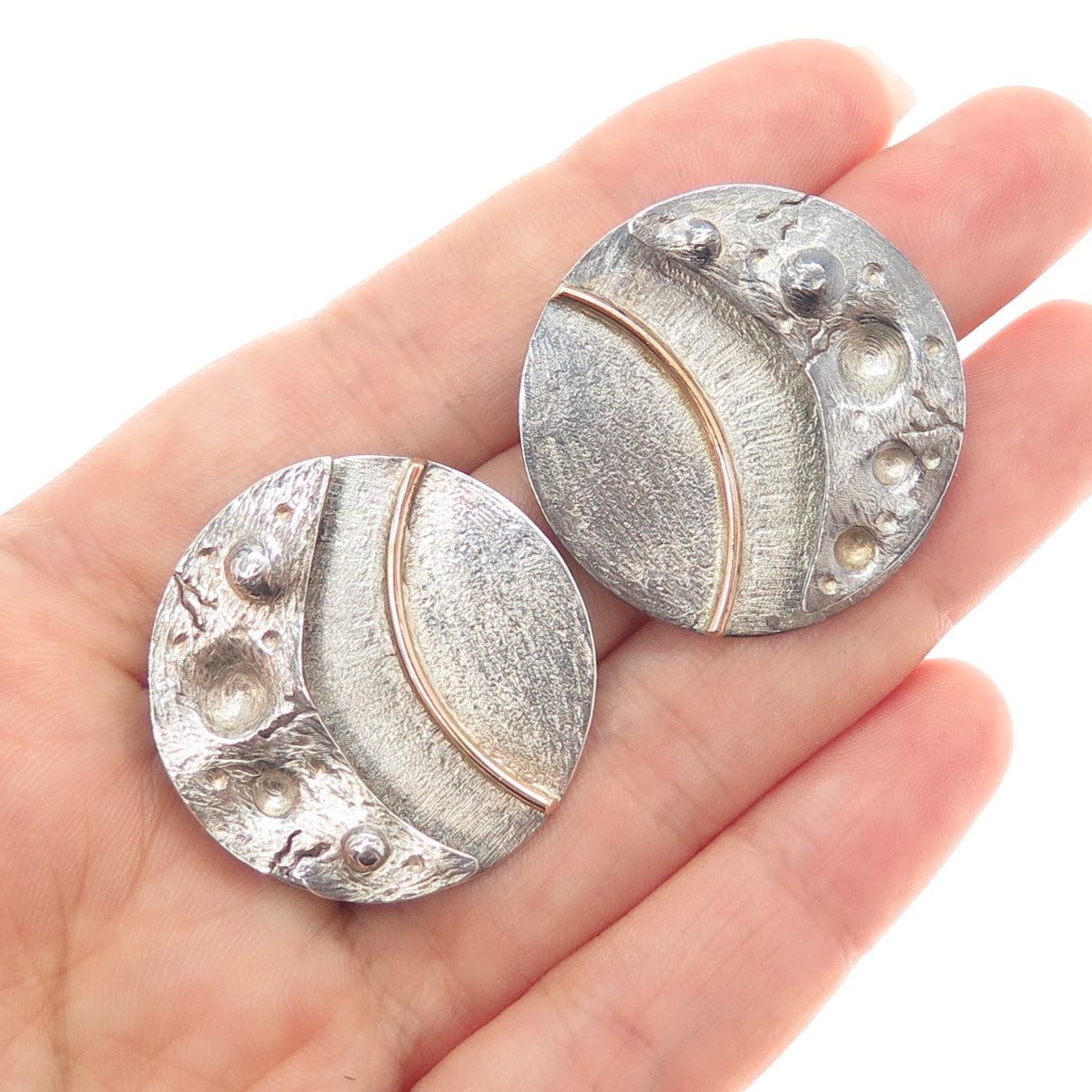 VICTOR ALFARO 14K Gold & 925 Sterling Silver Vintage Modernist Eclipse Earrings