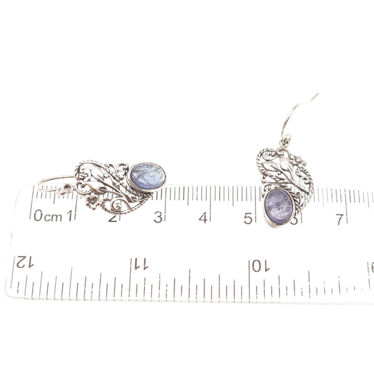 925 Sterling Silver Vintage Real Tanzanite Floral Oxidized Dangle Earrings