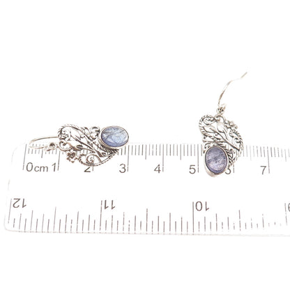 925 Sterling Silver Vintage Real Tanzanite Floral Oxidized Dangle Earrings