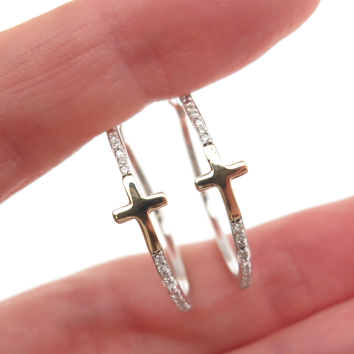 Sun 925 Sterling Silver 10K Gold Real Diamond Cross Hoop Earrings