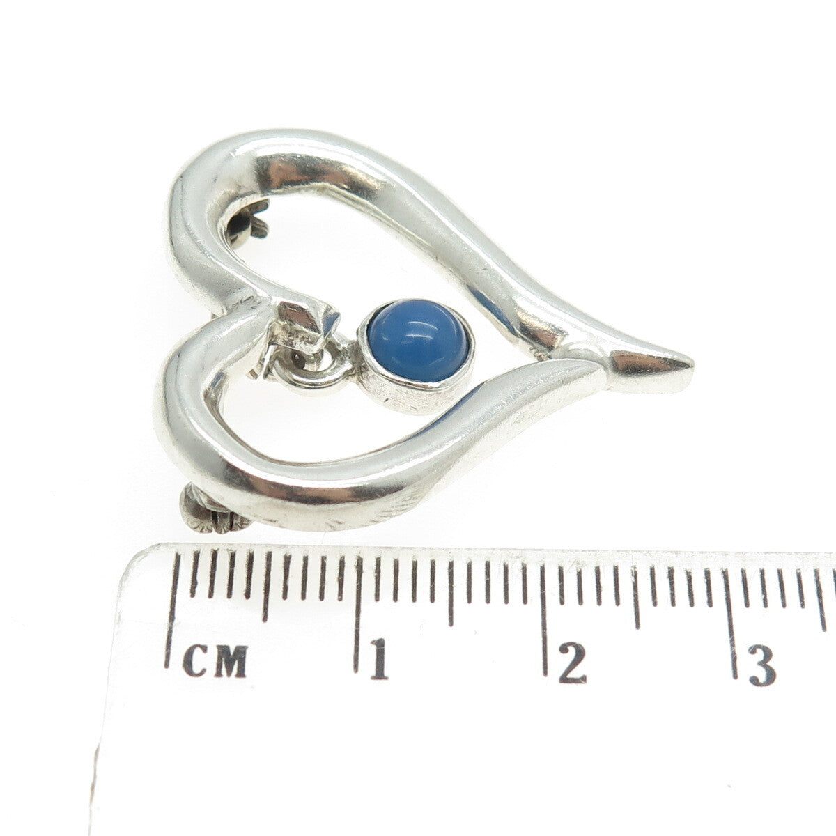 925 Sterling Silver Vintage Mexico Real Chalcedony Modernist Heart Pin Brooch