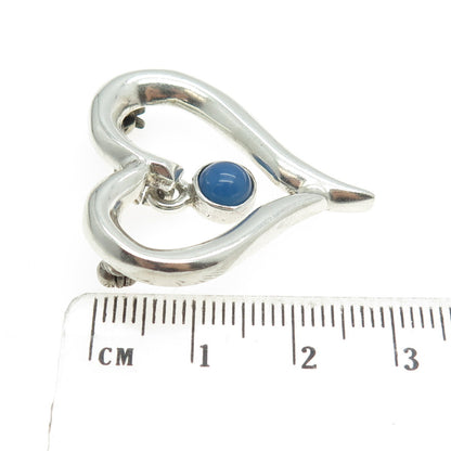 925 Sterling Silver Vintage Mexico Real Chalcedony Modernist Heart Pin Brooch