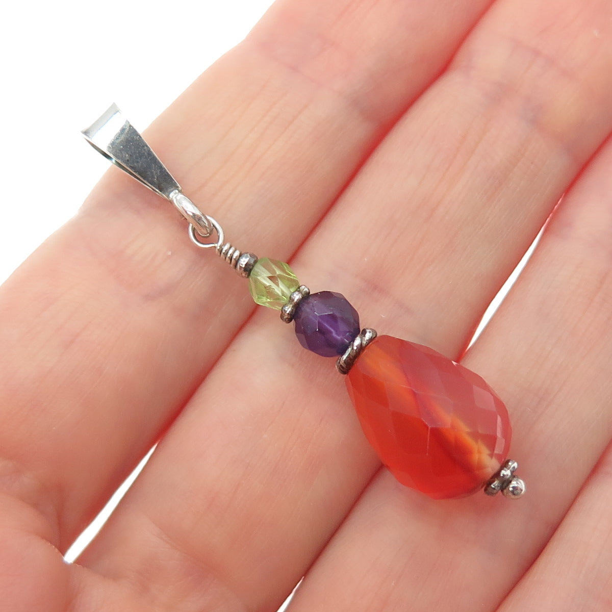 925 Sterling Silver Vintage Real Agate Amethyst & Peridot Charm Pendant