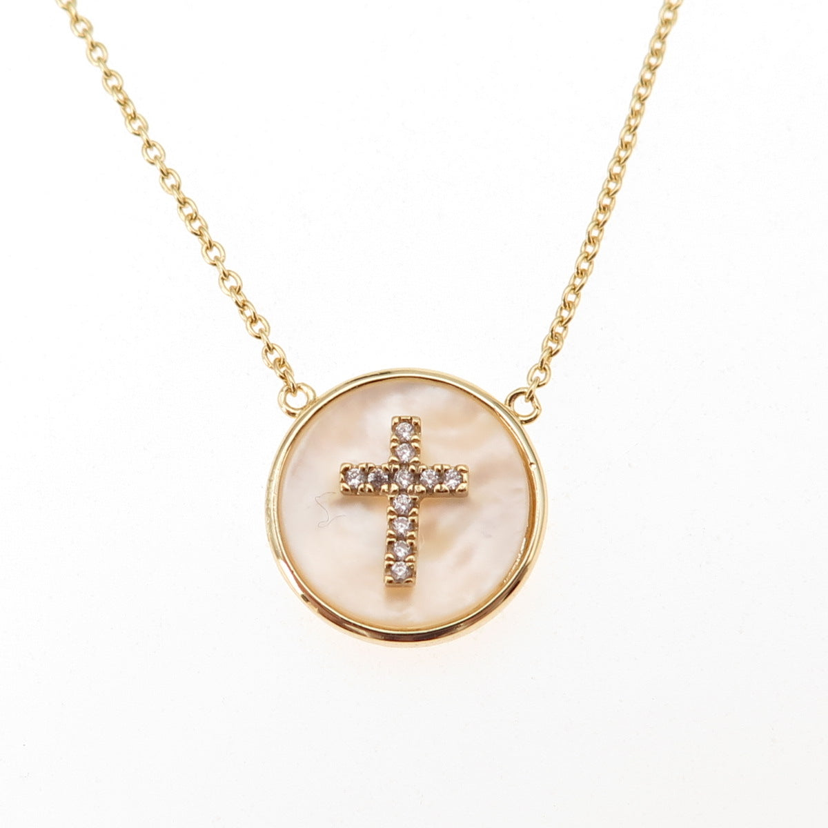 Han Sterling Silver Gold Plated Real MOP & C Z Cross Cable Chain Necklace 16-18"