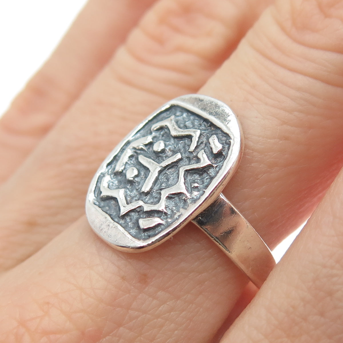 925 Sterling Silver Vintage Runic Symbol Oxidized Ring Size 7.25