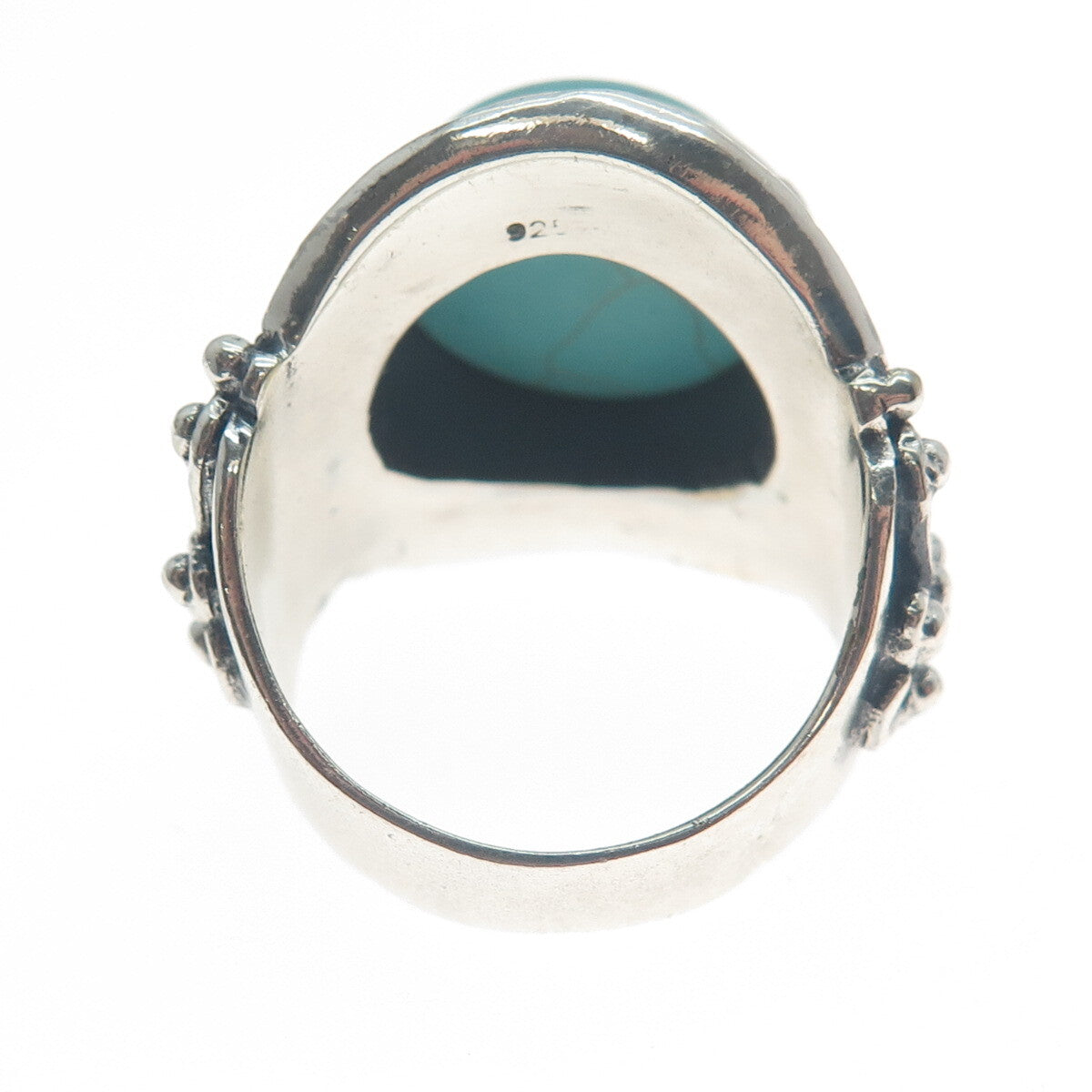 925 Sterling Silver Vintage Real Mountain Turquoise Sun Oxidized Ring Size 10.75