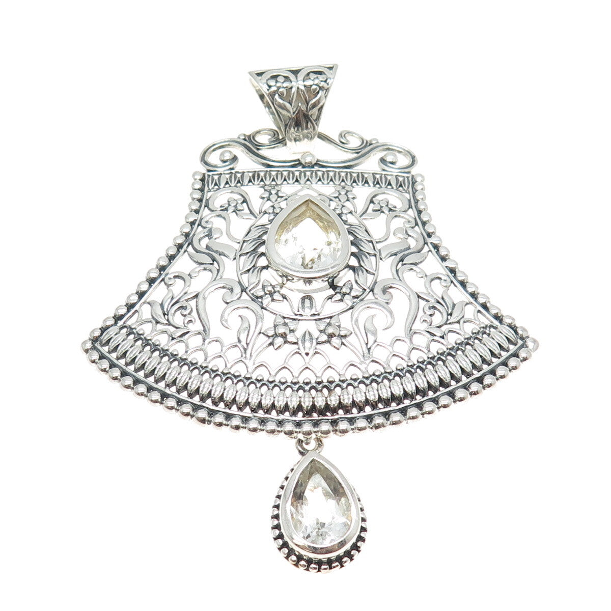 ARYA 925 Sterling Silver Vintage Pear-Cut C Z Floral Bell Modernist Pendant