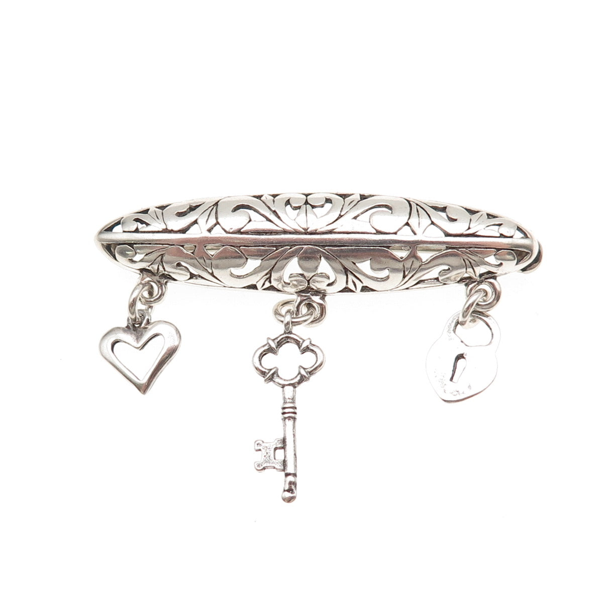 Jezlaine Sterling Silver Vintage Heart Lock Key Dangle Charm Floral Pin Brooch