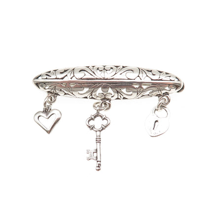Jezlaine Sterling Silver Vintage Heart Lock Key Dangle Charm Floral Pin Brooch
