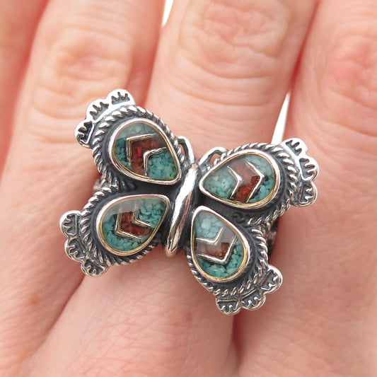 Carolyn Pollack AW Sterling Vintage Turquoise Coral Inlay Butterfly Ring Size 8