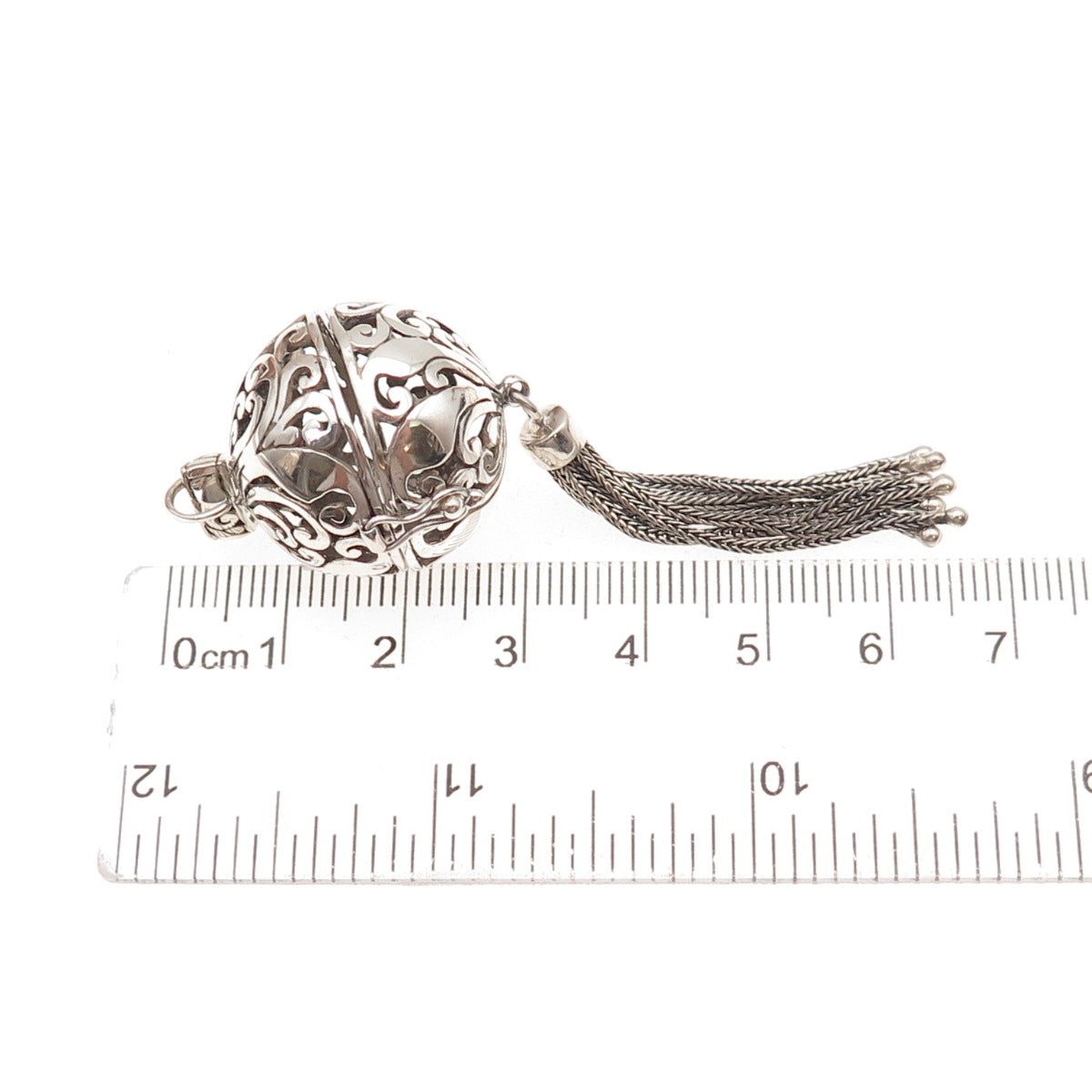 Annika Witt 925 Sterling Silver Vintage Floral Scroll Ball Cage Tassel Pendant