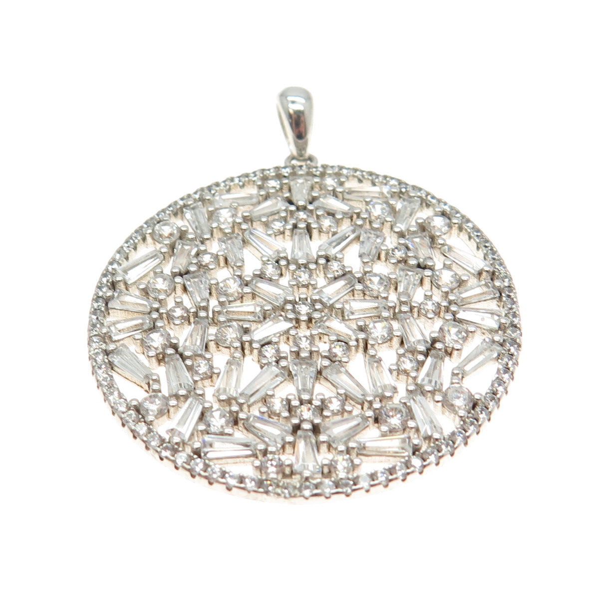 925 Sterling Silver Round & Tapered Baguette-Cut C Z Floral Pendant