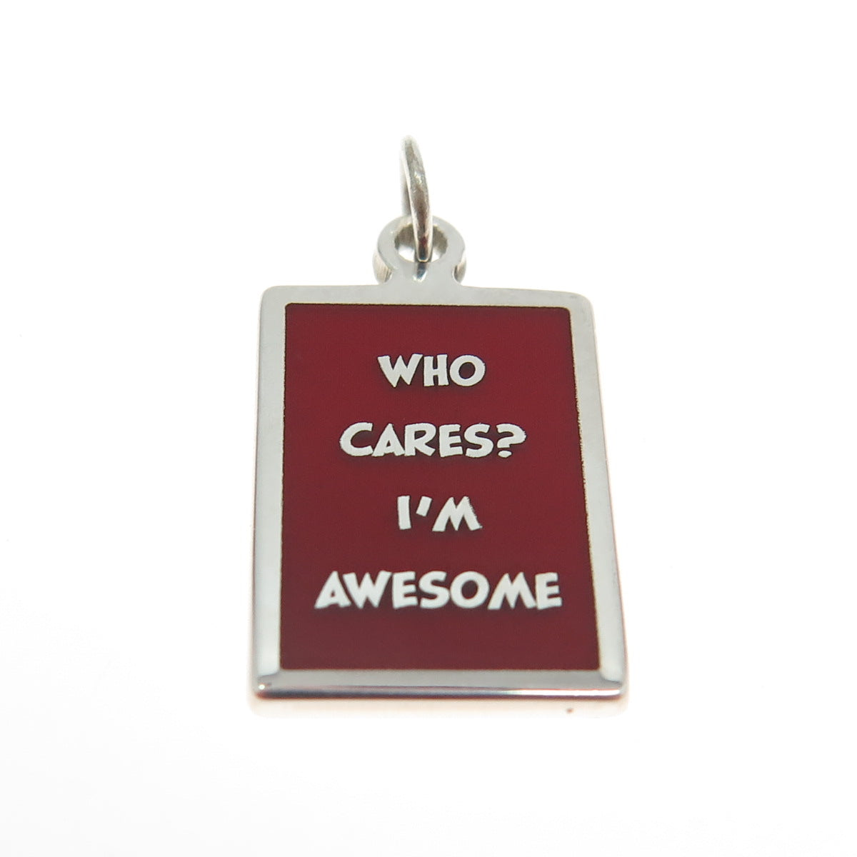 925 Sterling Silver Red Enamel "Who Cares I'm Awesome" Minimalist Charm Pendant