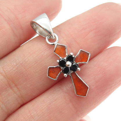 925 Sterling Silver Vintage Enamel Real Black Spinel Cross Pendant