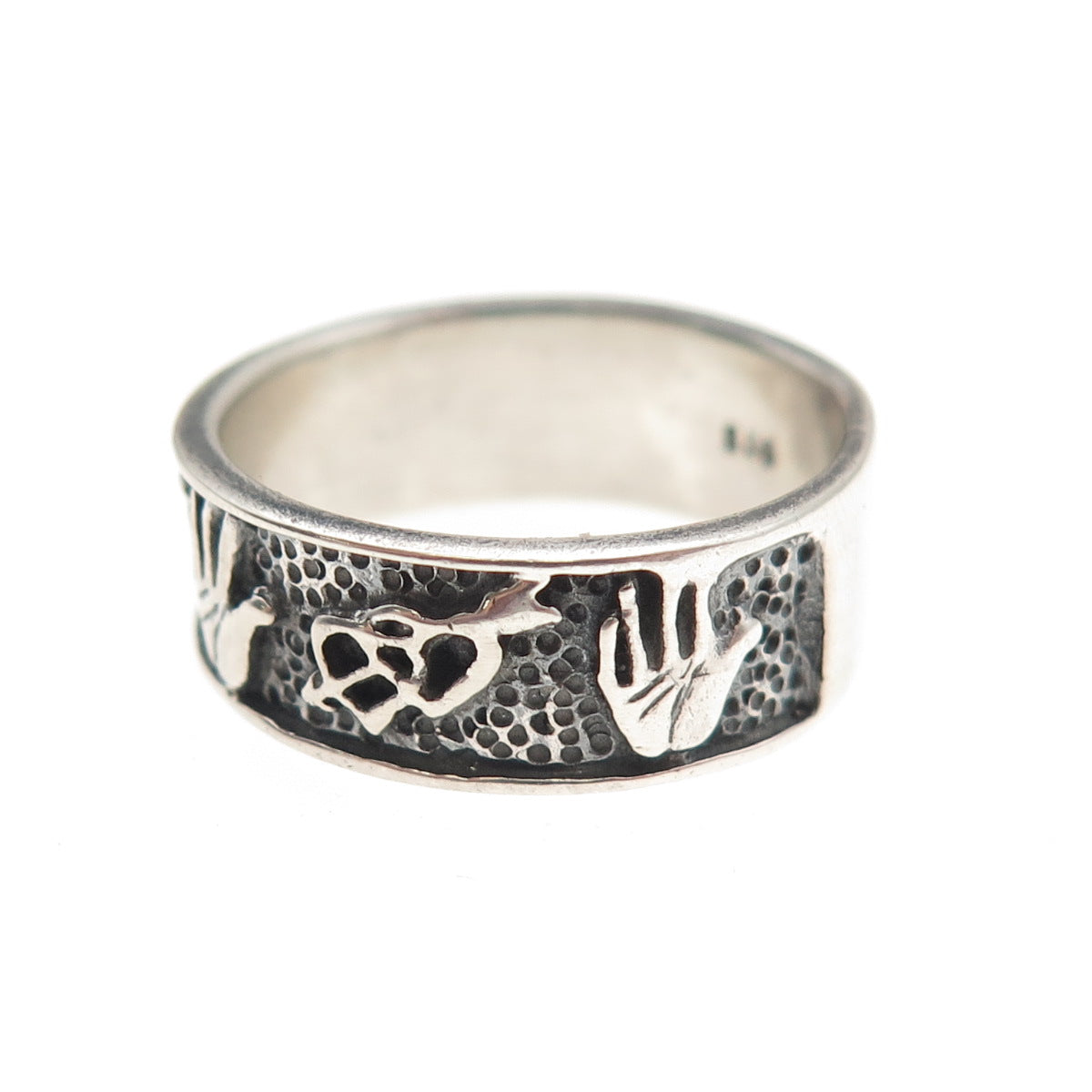925 Sterling Silver Vintage Hand Palm & Hearts Oxidized Band Ring Size 7.75