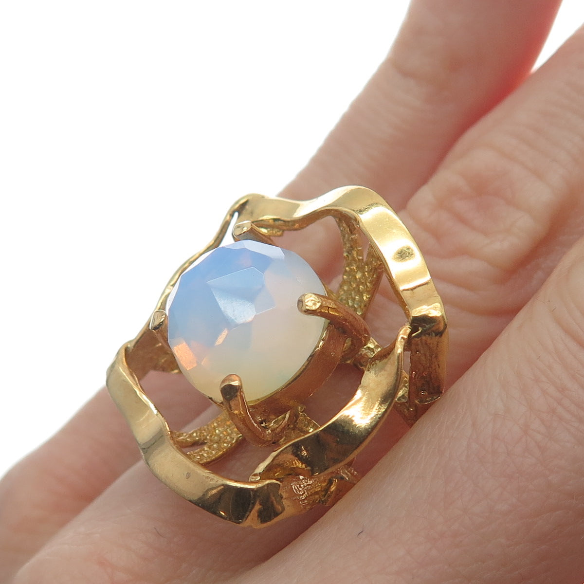 925 Sterling Silver Gold Plated Real Opalite Gem Modernist Wide Ring Size 8.5