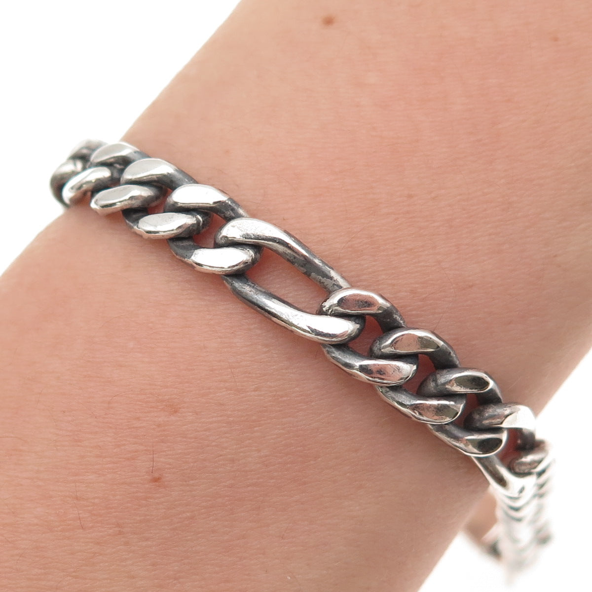 925 Sterling Silver Vintage Mexico Figaro Link Oxidized Bracelet 7.75"