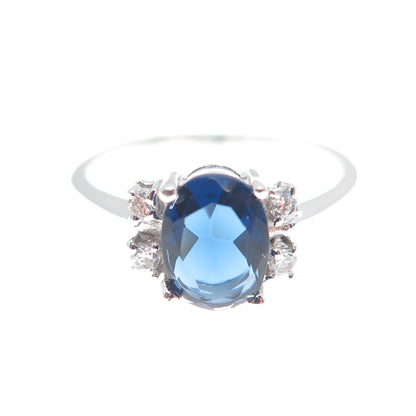 925 Sterling Silver Real Oval-Cut Blue Spinel & Round-Cut C Z Ring Size 7.75