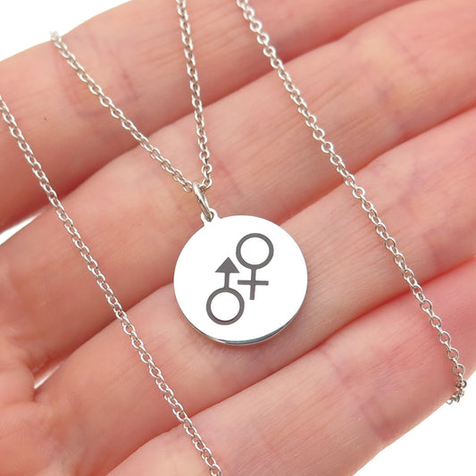 925 Sterling Silver Enamel Male & Female Symbol Cable Chain Necklace 18"