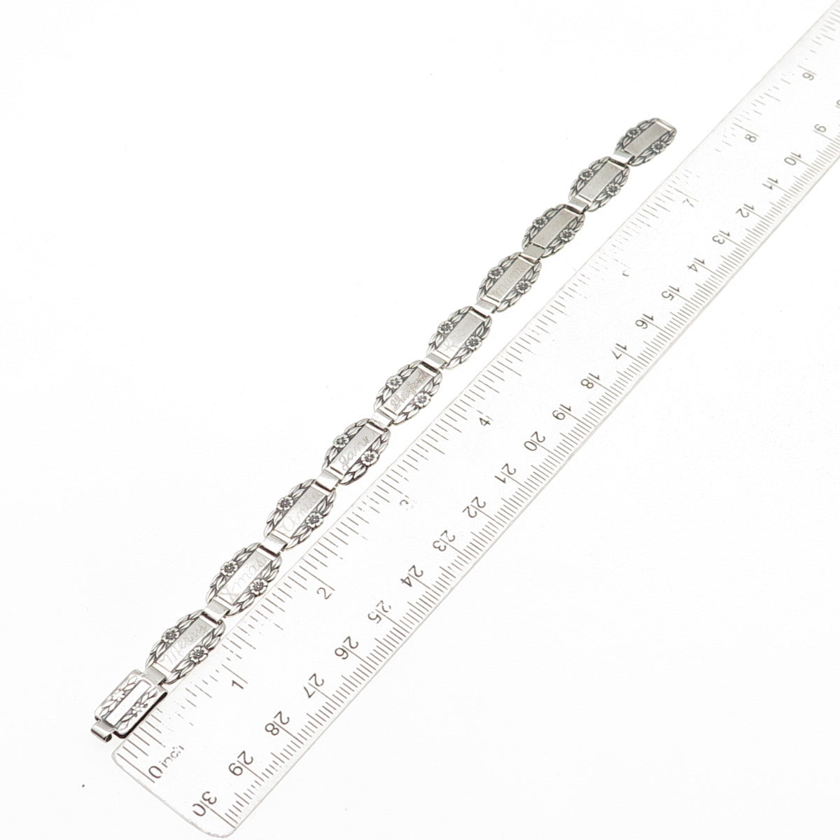 925 Sterling Silver Antique Art Deco Forget Me Not Engraved Link Bracelet 7.5"