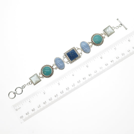 WHITNEY KELLY Sterling Silver Vintage Agate Turquoise Lapis MOP Bracelet 7-7.25"