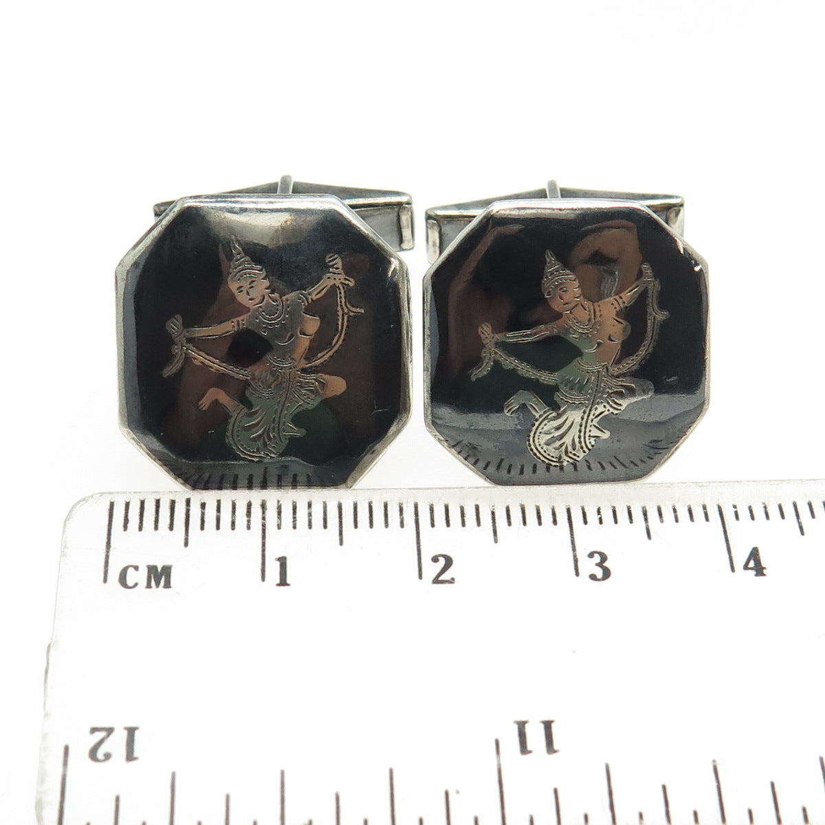 925 Sterling Silver Antique Art Deco Siam Niello Hindu Goddess Cufflinks