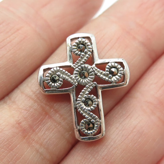 925 Sterling Silver Vintage Real Marcasite Ornate Cross Oxidized Slide Pendant