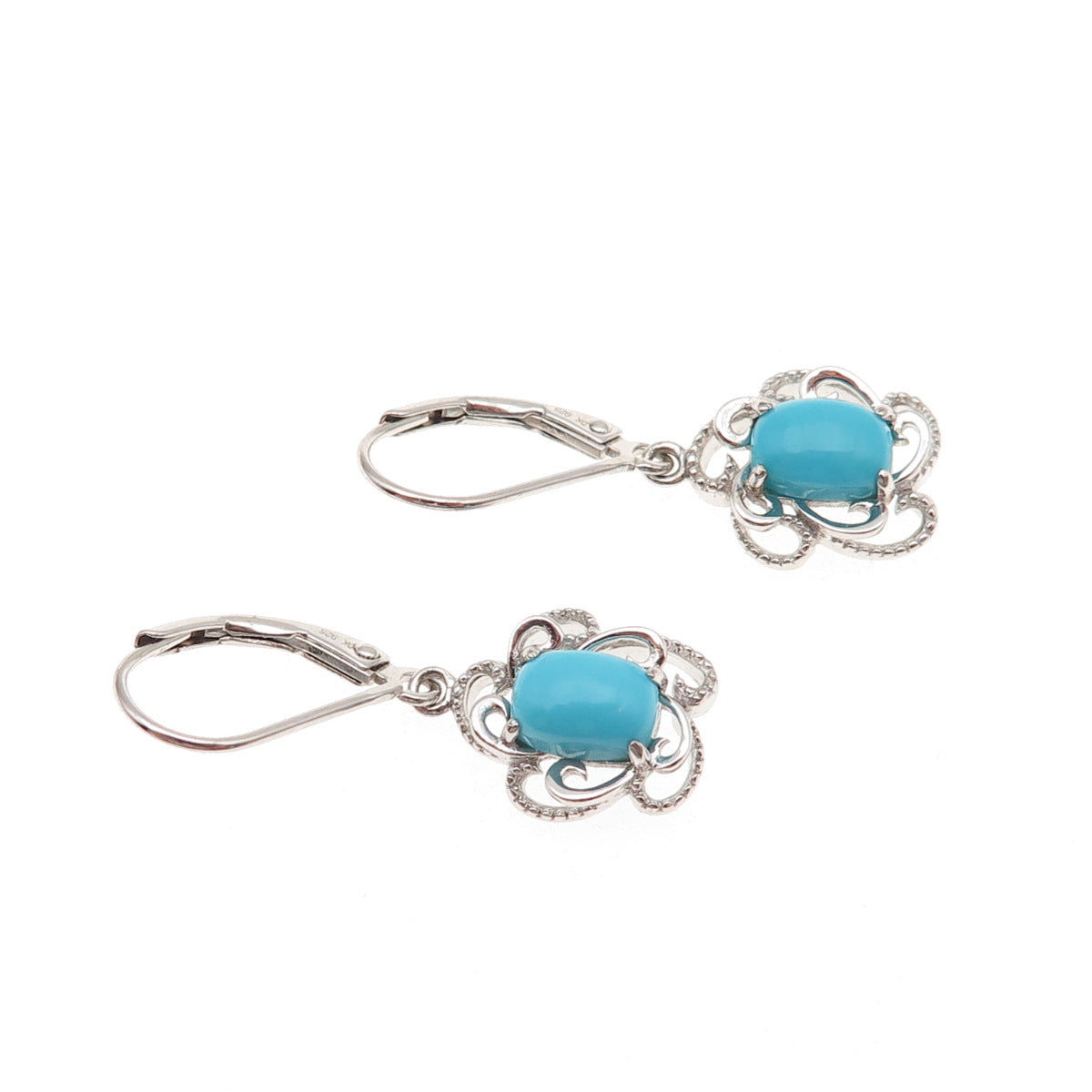 925 Sterling Silver Real Sleeping Beauty Turquoise Floral Dangle Earrings