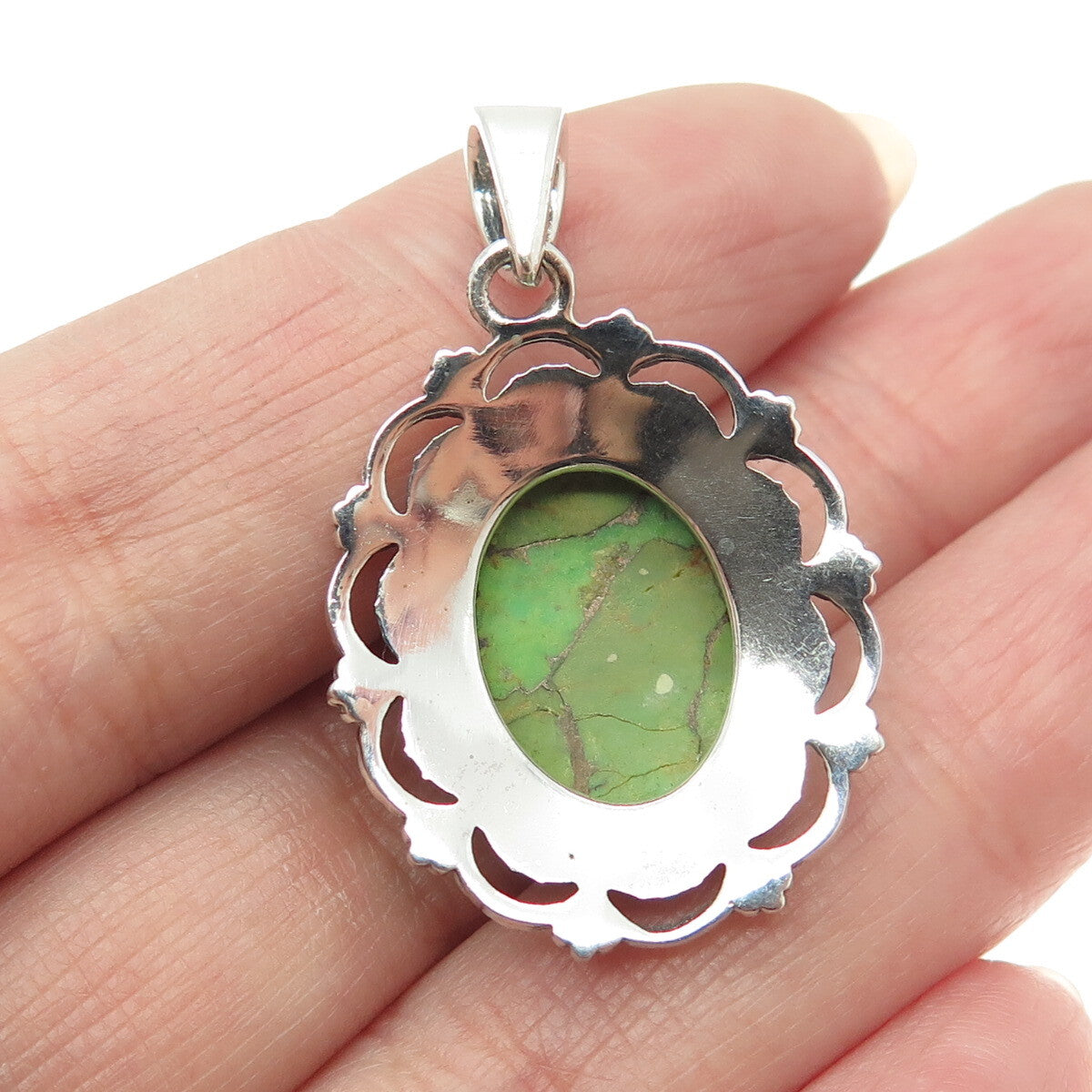 925 Sterling Silver Vintage Green Copper Turquoise Gem Ethnic Frame Pendant