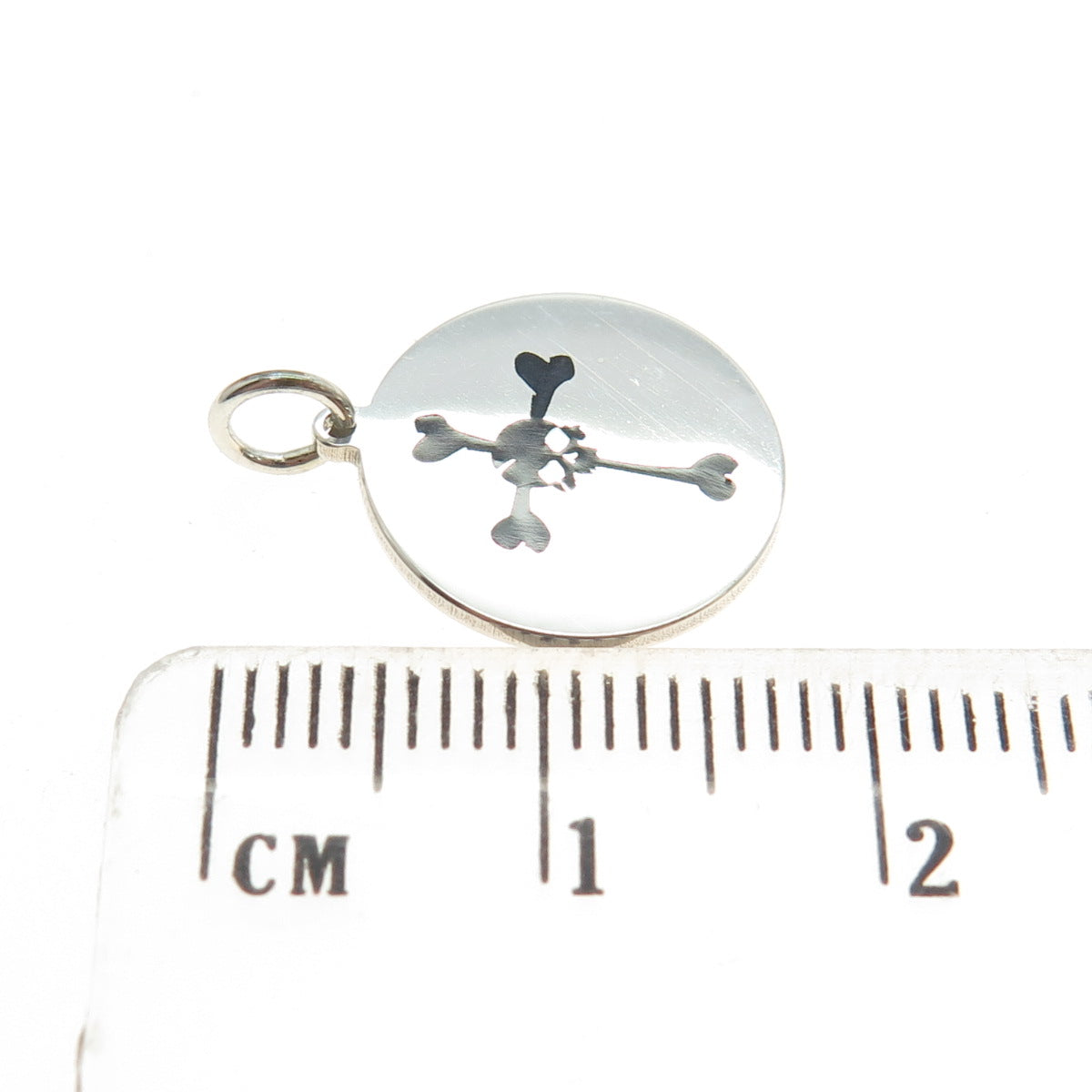 925 Sterling Silver Black Enamel Skull Cross Round Tag Minimalist Charm Pendant