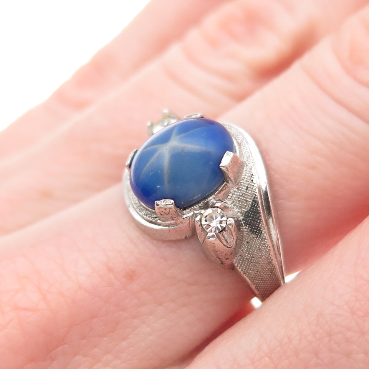 925 Sterling Silver Antique Art Deco Faux Star Sapphire & Rhinestone Ring Size 7