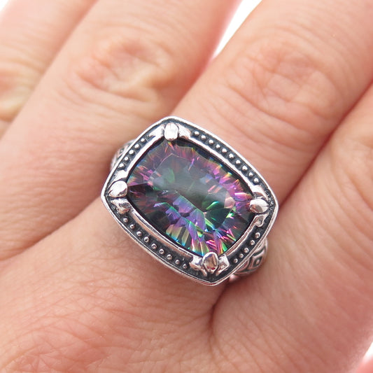 925 Sterling Silver Vintage Real Mystic Quartz Ornate Oxidized Ring Size 8.5