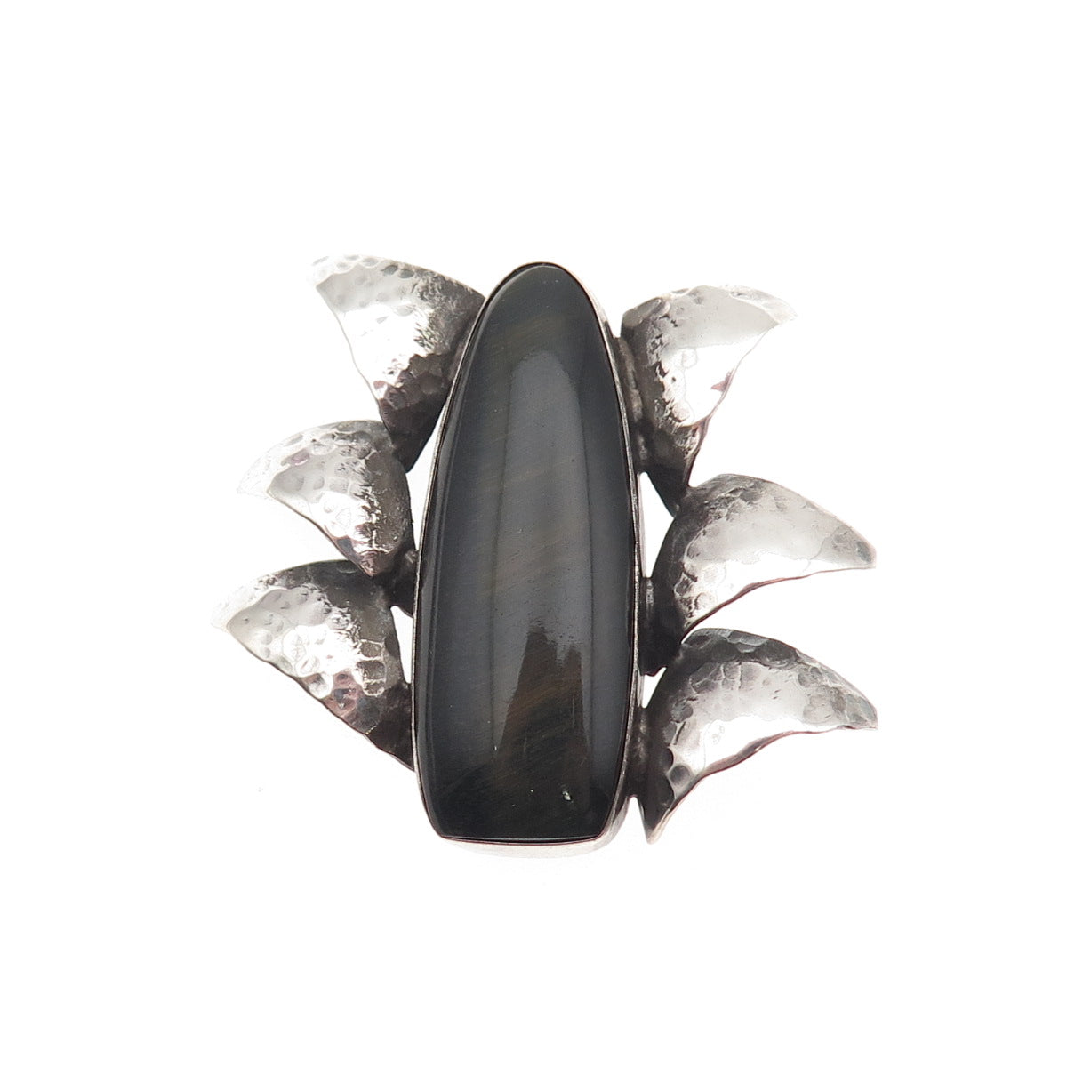 925 Sterling Silver Vintage Real Black Tiger Eye Modernist Hammered Pin Brooch