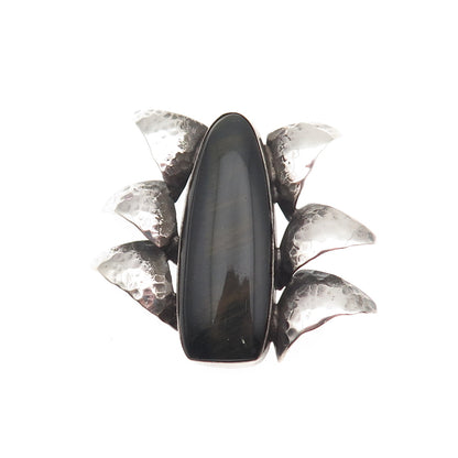 925 Sterling Silver Vintage Real Black Tiger Eye Modernist Hammered Pin Brooch