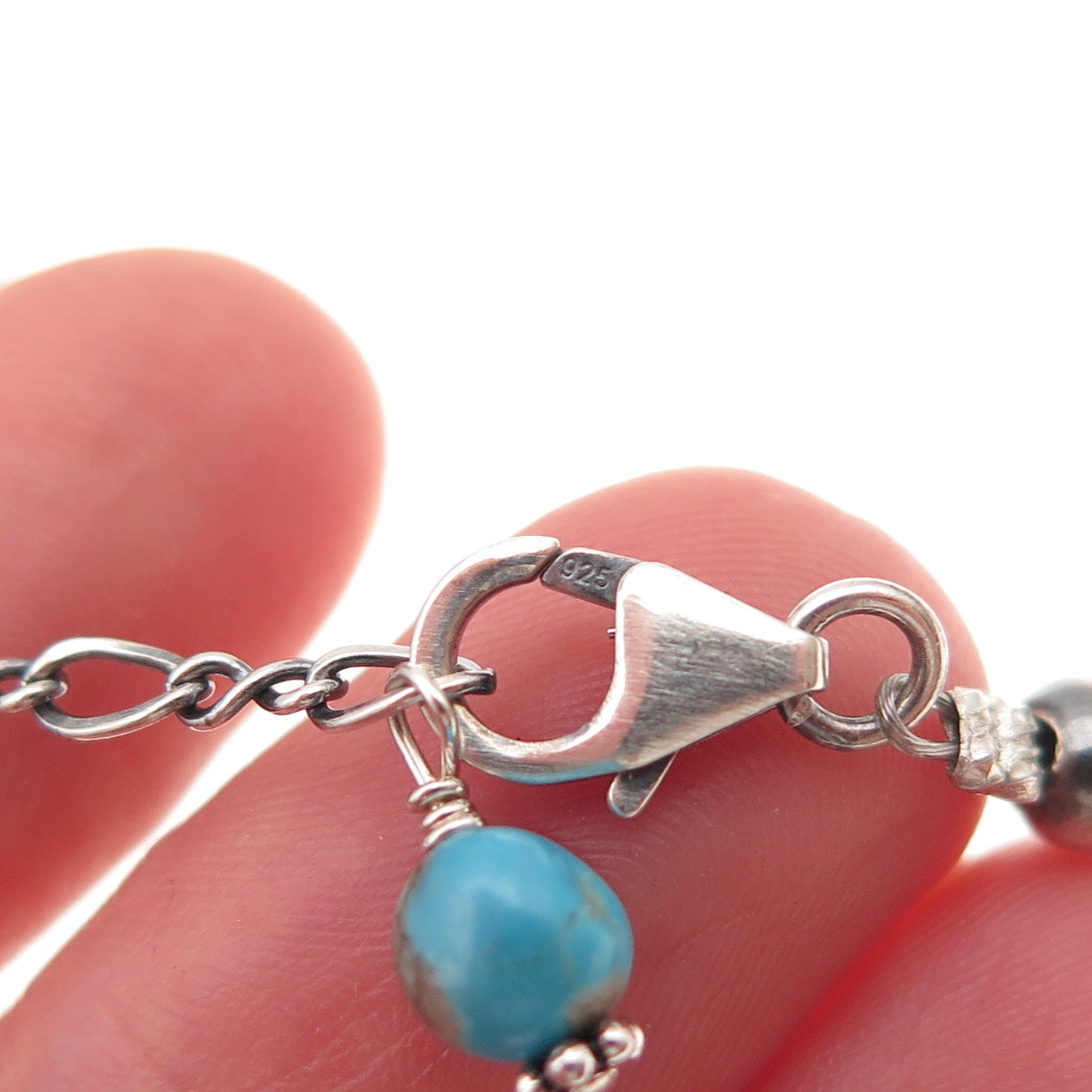 925 Sterling Silver Vintage Real Turquoise Ball Beaded Chain Necklace 16-18"