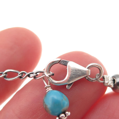 925 Sterling Silver Vintage Real Turquoise Ball Beaded Chain Necklace 16-18"