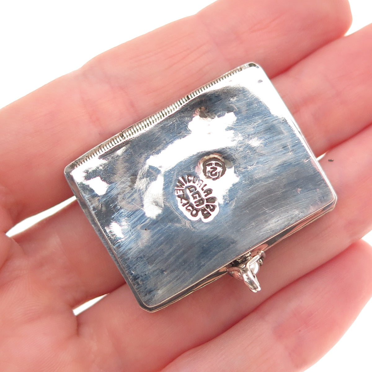 925 Sterling Silver Vintage Mexico Real Abalone Shell Oxidized Pill / Snuff Box