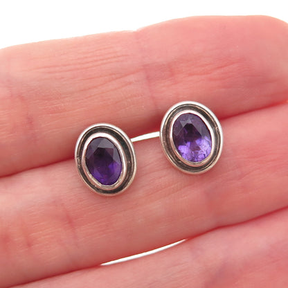 925 Sterling Silver Vintage Real Oval-Cut Amethyst Oxidized Stud Earrings
