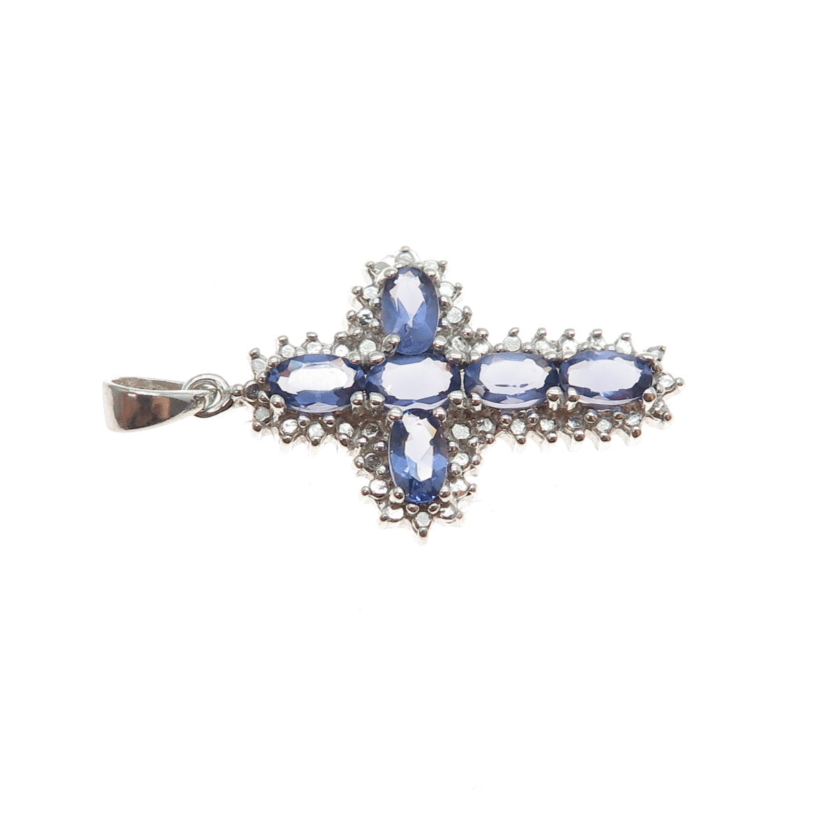 925 Sterling Silver Real Oval-Cut Iolite Cross Charm Pendant