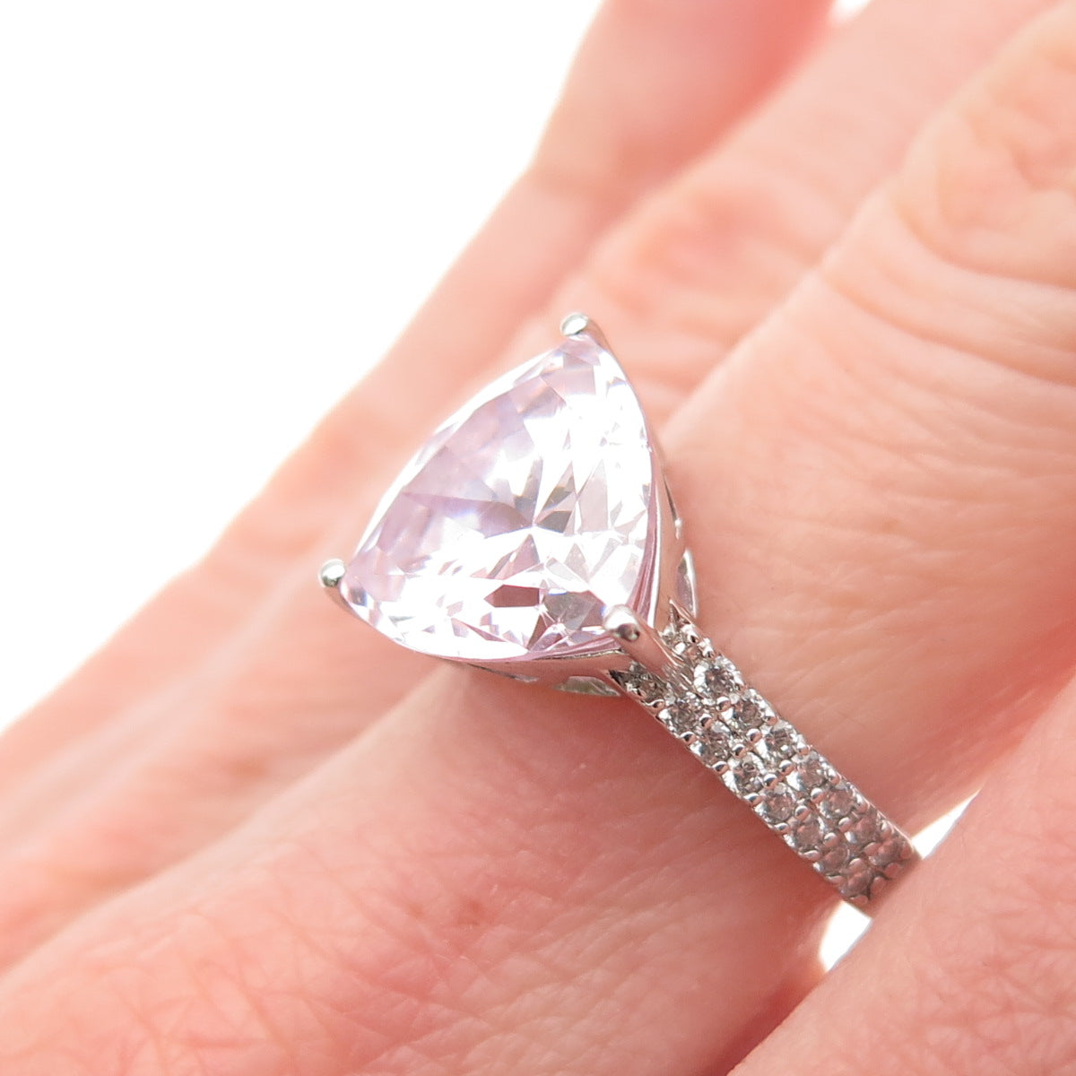 925 Sterling Silver Triangle-Cut Lavender & Round-Cut White C Z Ring Size 6