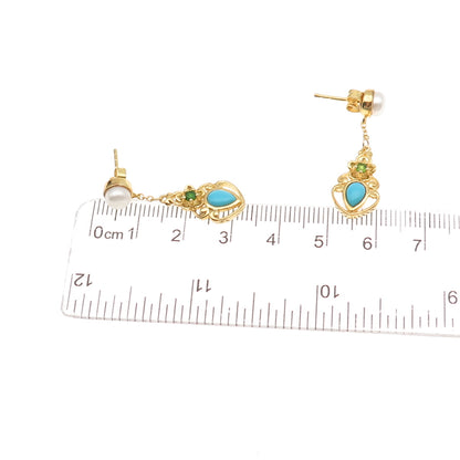 925 Sterling Gold Plated Real Turquoise Pearl & Peridot Floral Dangle Earrings