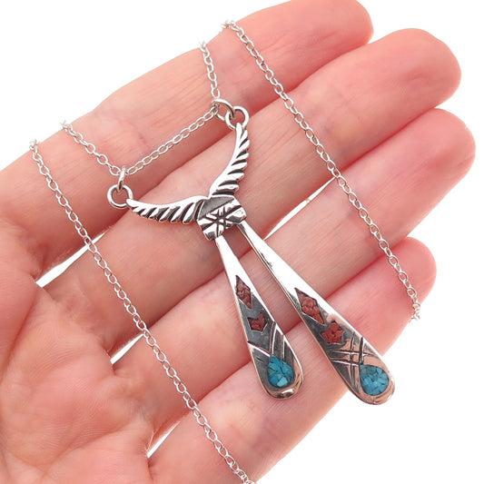 Old Pawn 925 Sterling Silver Vintage Turquoise & Coral Inlay Wings Necklace 18"